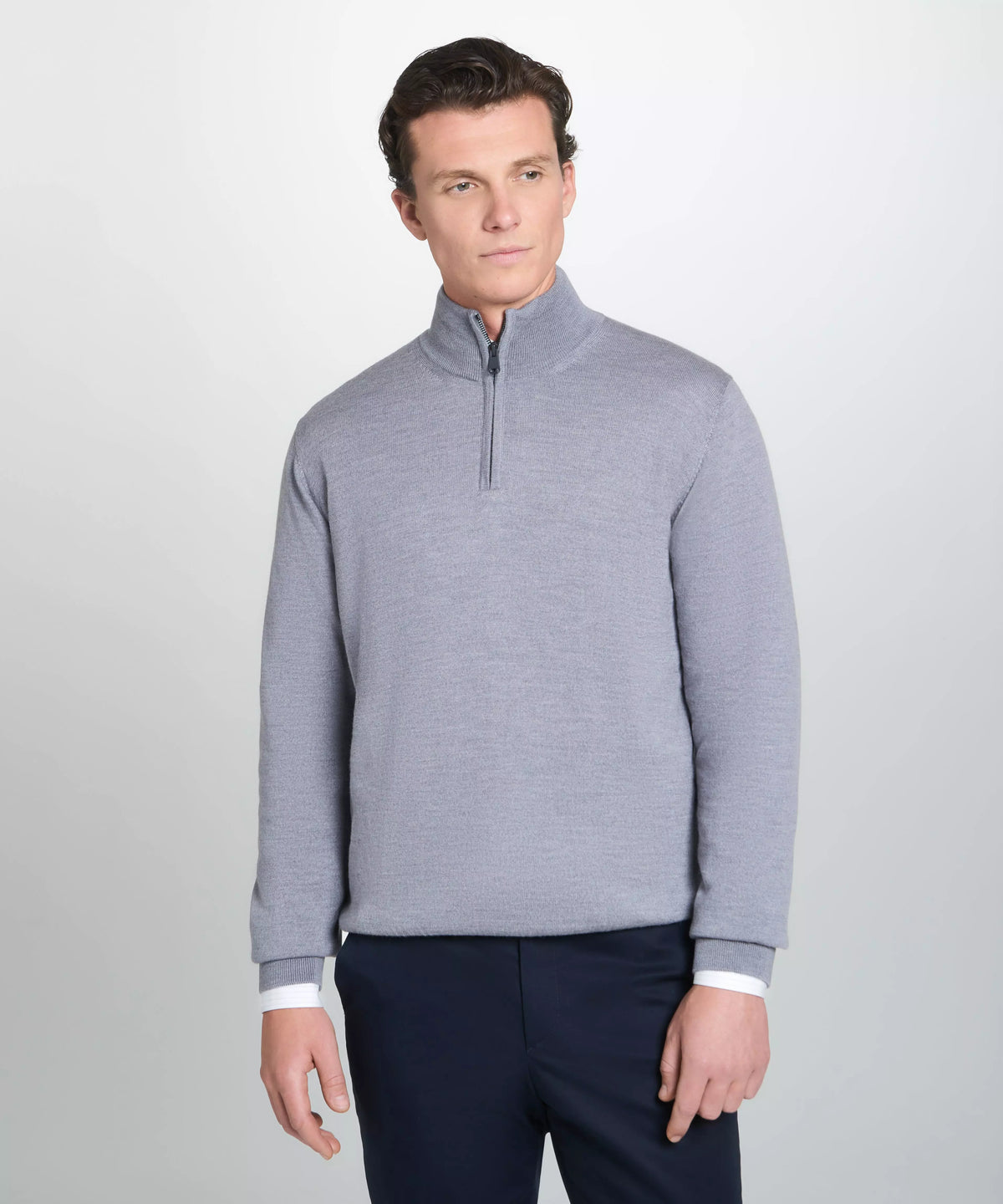 Pale Grey Merino Wool Zip Neck Sweater
